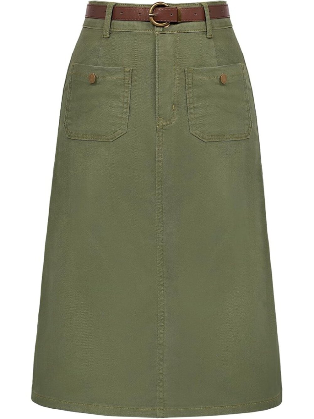 Denim Skirt with Belt Below Knee Length High Waisted Jean Skirts for Women